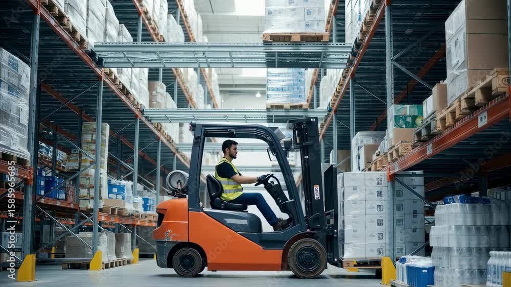 Poster forklift operator carefully maneuvering through aisles, transporting pallet of goods within busy war