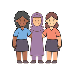 Illustration of three women from diverse backgrounds standing together with arms linked, symbolizing unity, cultural inclusion, and gender equality. A strong representation for Women's Equality Day.