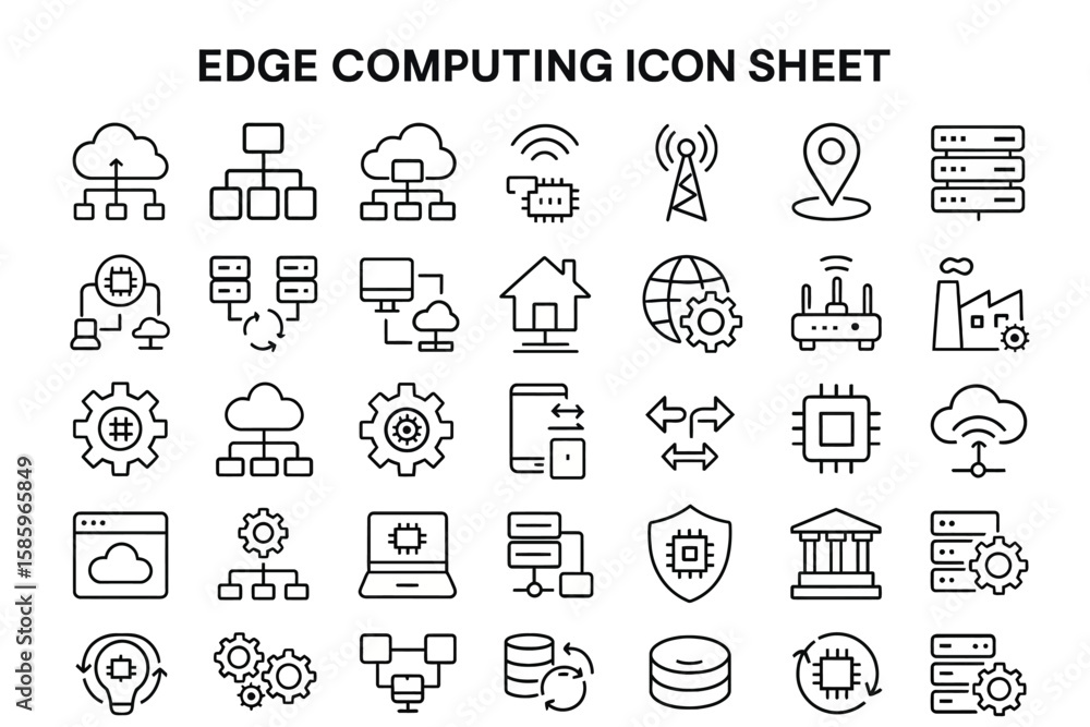 Poster edge computing icon sheet: an intricate set of minimalistic black line art icons represents edge com