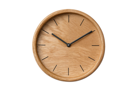 Modern and minimalistic wooden wall clock with a natural finish, featuring simple black hour markers and hands, isolated on transparent background