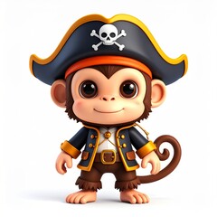 Smiling Monkey Pirate In Costume On White Background