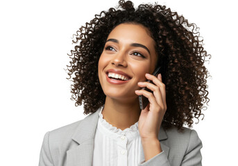 Smiling woman with curly hair talking on the phone isolated on transparent background
