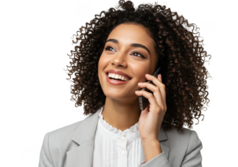 Smiling woman with curly hair talking on the phone isolated on transparent background