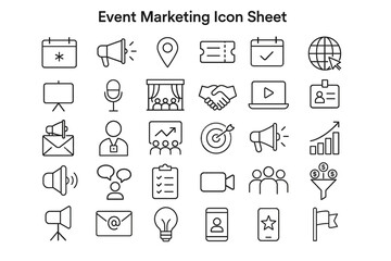 Fototapeta premium Event Marketing Icon Collection: A collection of event marketing icons that depict various aspects of planning, promotion, and execution, presented in a modern, minimalist line art style.