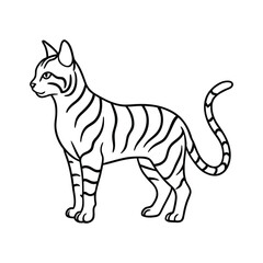 Obraz premium Black and white line drawing of a striped cat standing profile isolated on white background