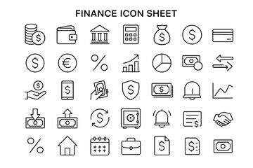 Financial Icon Collection: A comprehensive set of meticulously crafted financial icons representing various aspects of finance, economics, and investment. Ideal for financial websites, presentations.