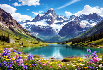 Lac de montage bord&eacute; de fleurs.