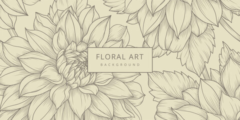 Floral Sketch Background with Dahlia flowers and leaves pattern in line art style. Hand drawn vector botanical illustration for card, banner, print, poster, cover, wedding invitation, packaging