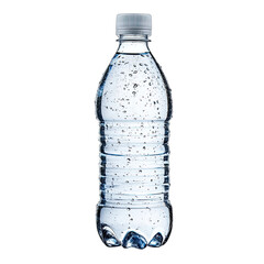 A clear plastic bottle of sparkling water, slightly chilled, with visible bubbles and a white cap, stands against a black background