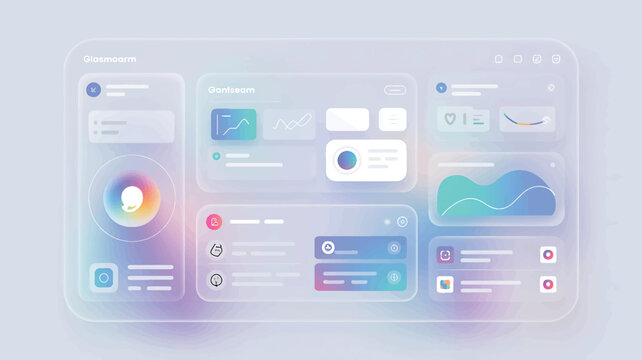Frosted glass interface colorful data visualizations icons dashboard technology