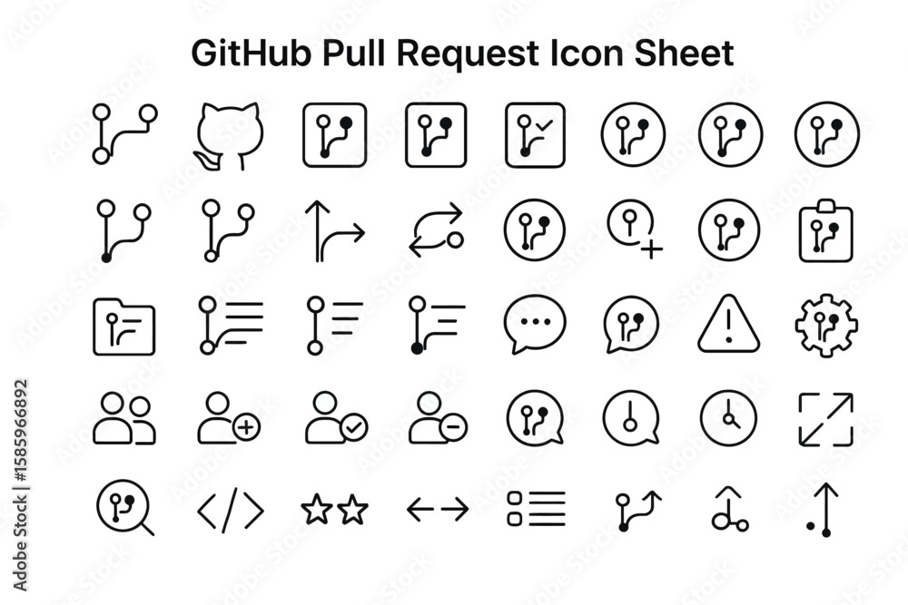 Poster software icon set: a comprehensive set of minimalist, line-drawn icons representing various function