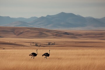 Obraz premium Ostriches sprinting through golden plains against a breathtaking mountain backdrop