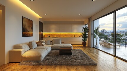 Modern open plan living area with city view