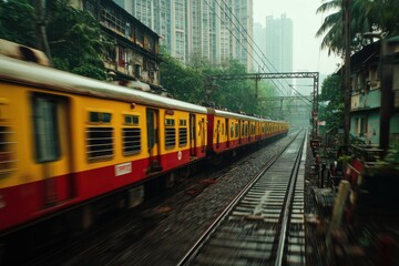 Naklejka premium Vibrant Mumbai local train gliding through the monsoon of the bustling cityscape