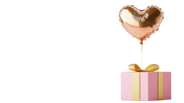 A single pink gift box with golden ribbon and heart shaped golden balloon on white background