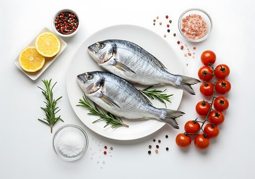 Fresh whole sea bream with tomatoes, lemon, rosemary, peppercorns, coarse salt, and Himalayan salt on white plate for Mediterranean healthy cooking