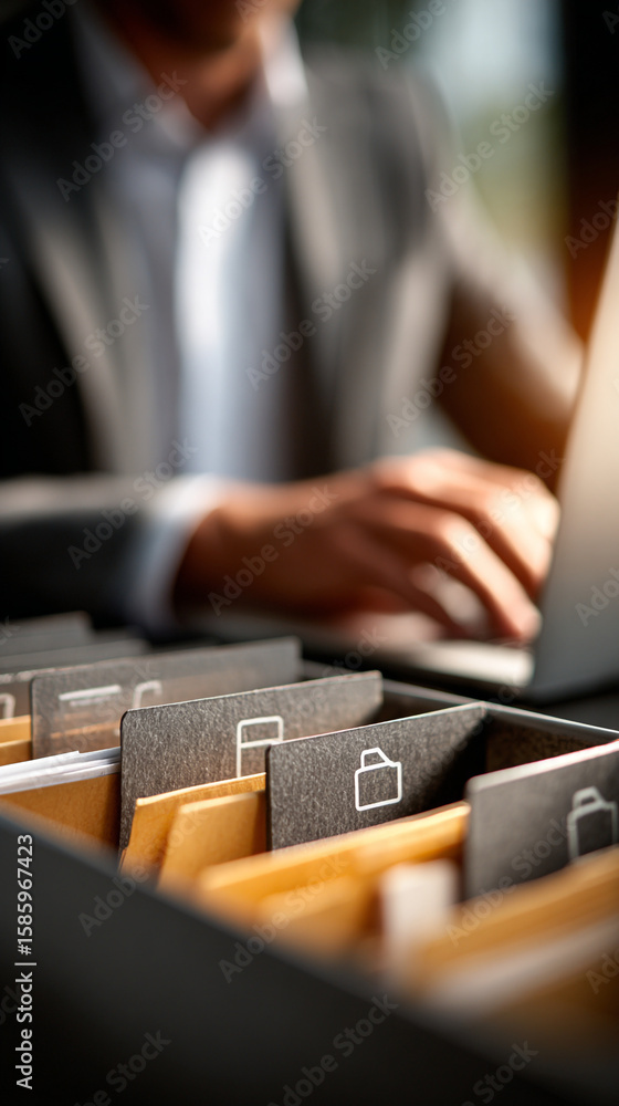Poster man working on laptop with file cabinet in foreground office setting