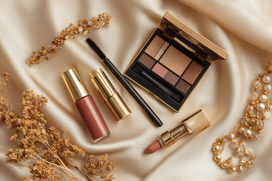 Luxurious makeup essentials elegantly arranged on a silky background showcase beauty products, jewelry, and cosmetic items for a stylish look.