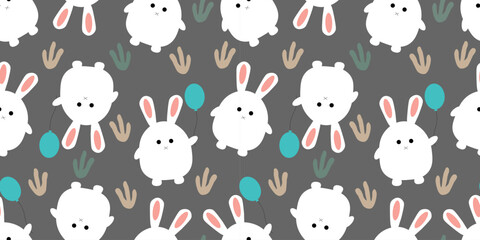Beautiful seamless pattern with  cartoon rabbit on  gray background. Fat cute white rabbit holds an air gel balloon. Children's party. For background, wallpaper, textiles, packaging or  website.