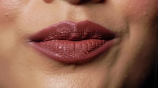 A close up of a woman's face showing her lips teeth and skin with brown lipstick on her lips