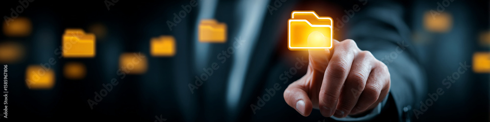 Poster hand touching a glowing folder icon on a dark background with folders