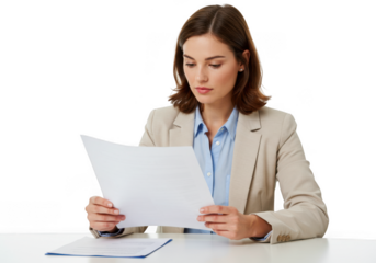 Businesswoman reading documents at a desk isolated on transparent background