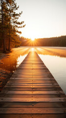 Serene wooden dock extends into tranquil lake, surrounded by tall trees. sun rises, casting warm golden rays over water, creating peaceful