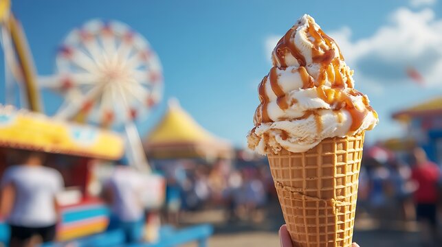 Caramel ice cream in a cone carnival booths beach horizon
