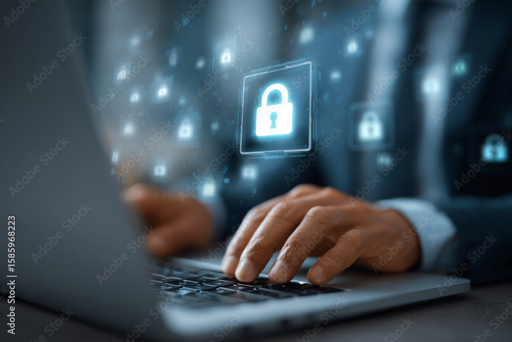 Poster man typing on a laptop with digital security lock icons floating around
