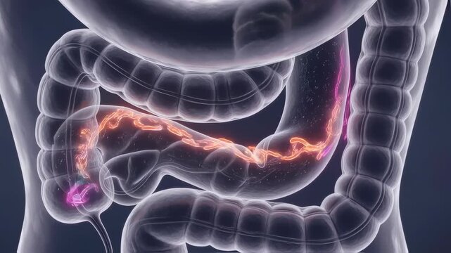Luminescent bacterial colonies proliferating within transparent intestinal walls, revealing complex microbiome dynamics and potential gastrointestinal health challenges