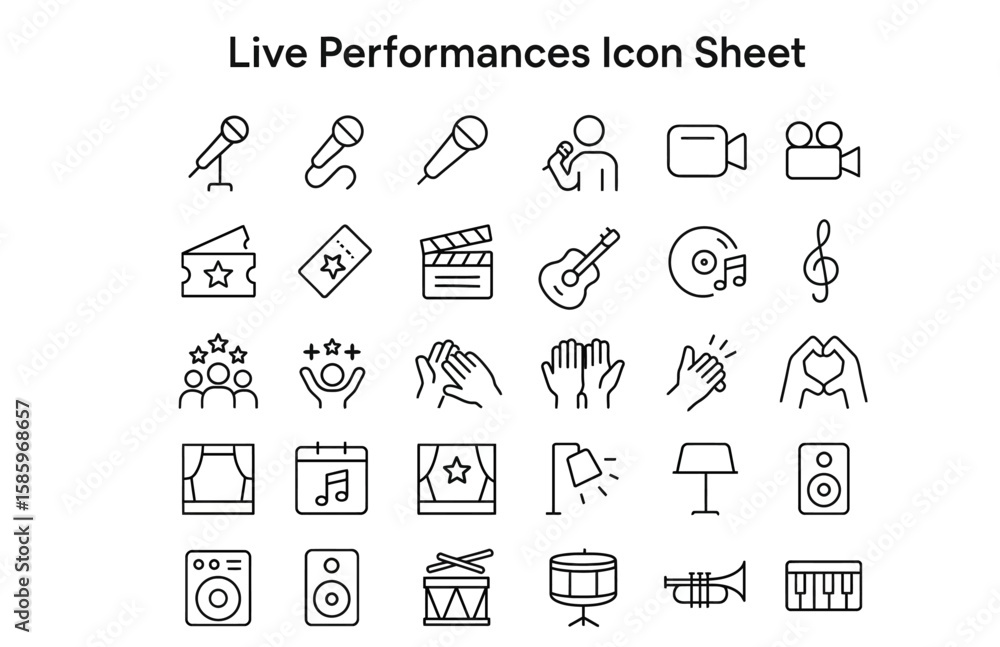 Poster live performance icon set: a versatile collection of minimalist line icons representing various aspe