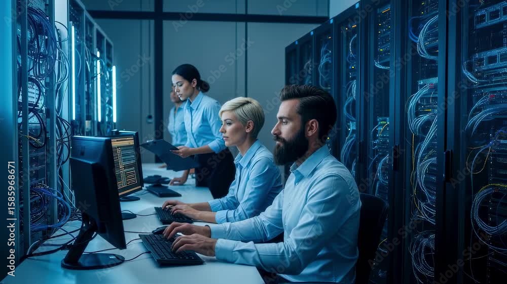 Aufkleber professional system administrators collaborating in modern data center, monitoring servers, analyzin
