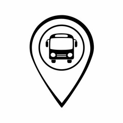 Black bus icon within location marker on white background