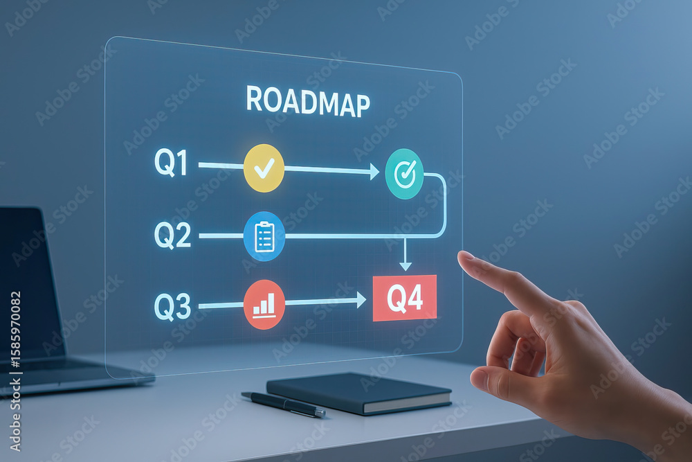 Aufkleber roadmap concept with quarterly goals and progress icons displayed on transparent screen, hand pointi
