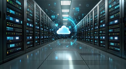 Cloud technology concept: 3D render of digital cloud icon in modern server room background captured with wide-angle lens, data center infrastructure visualization