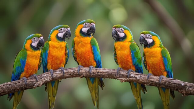 A vibrant flock of blue and gold macaws perch together on a branch within a lush green tropical environment.