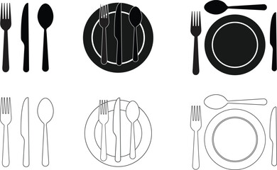 Elegant cutlery and plate silhouette  icons set-Minimalist tableware line art for Restaurant, cafe,  Menu design 