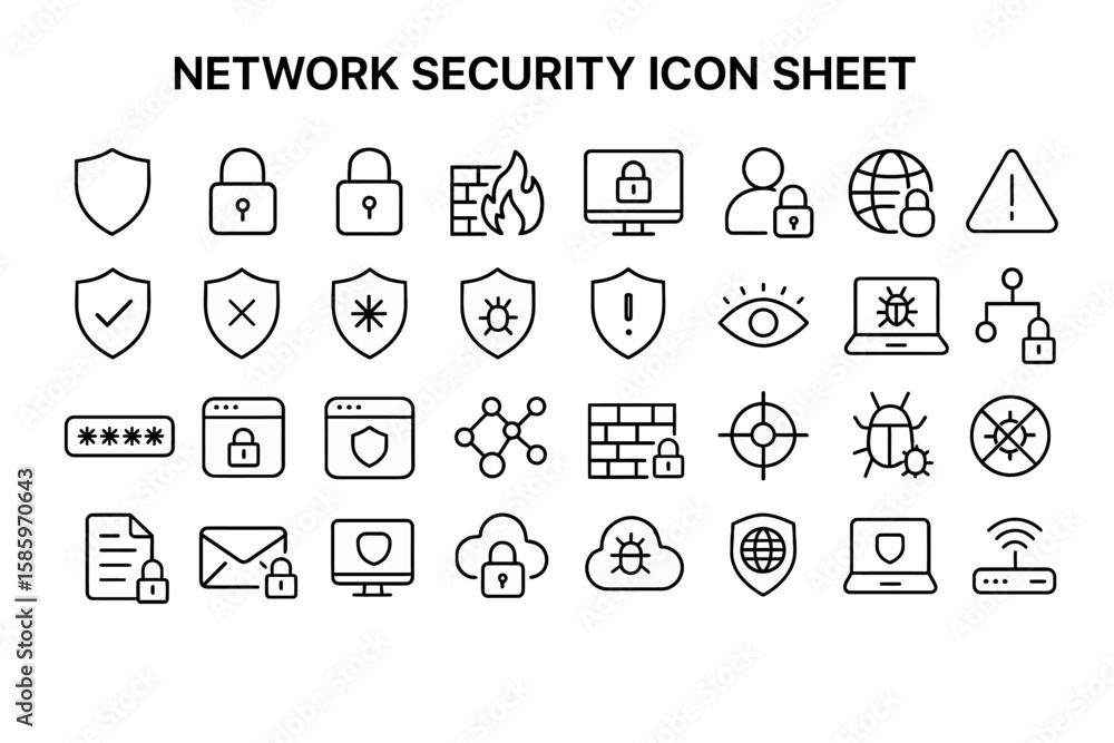 Poster network security icon sheet: a comprehensive and organized array of digital icons representing key a