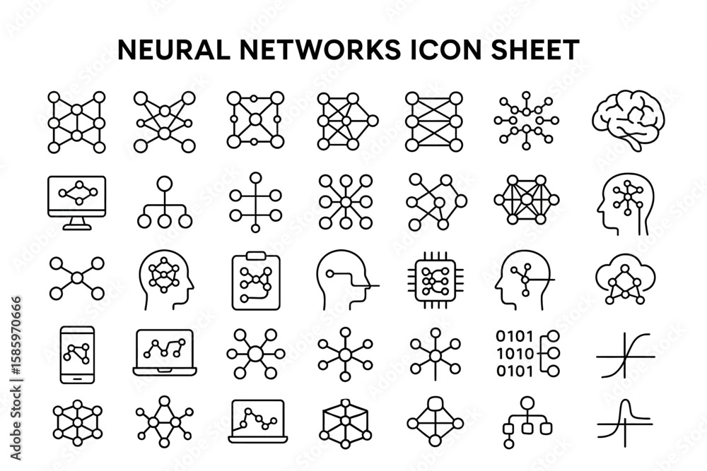 Poster iconic neural network sheet: a comprehensive collection of minimalist line icons, showcasing the int