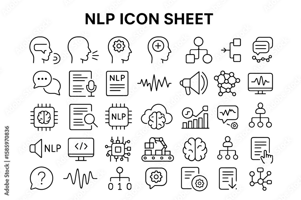 Poster nlp icon sheet: a comprehensive collection of meticulously designed icons, each representing core co