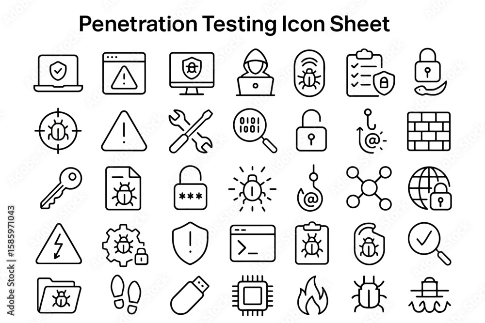 Poster penetration testing icon sheet: a comprehensive collection of clean, modern icons representing vario