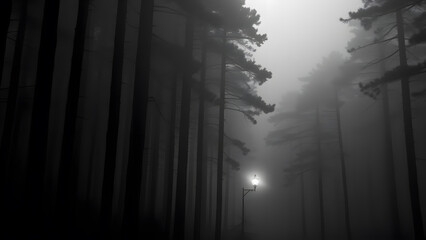 Obraz premium An illuminated lamppost provides a beacon of light within a dense, atmospheric, and foggy pine forest.