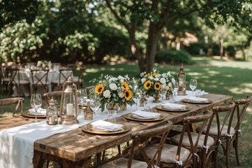 Elegant outdoor wedding reception table with white flower arrangements and candles for romantic garden party and event styling

