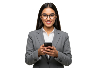 Smiling business woman in glasses holding a smartphone isolated on transparent background
