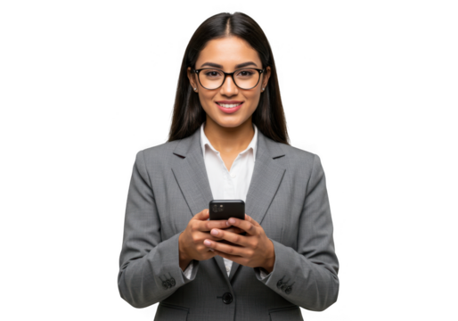 Smiling business woman in glasses holding a smartphone isolated on transparent background