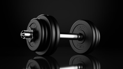 Sleek Black Dumbbell with Reflective Surface on Dark Background