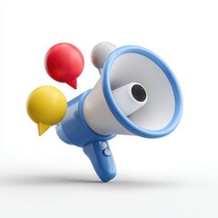 Blue and White Megaphone with Red and Yellow Speech Bubbles