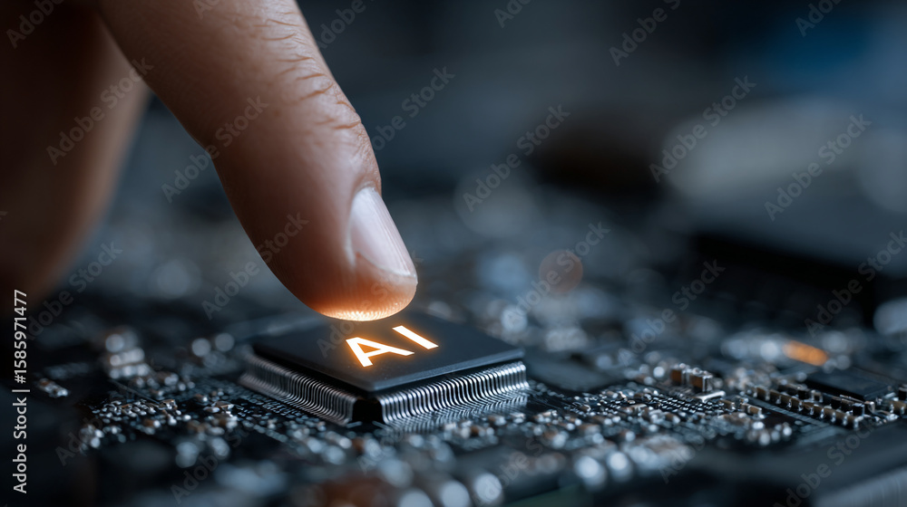 Aufkleber a finger touching a microchip labeled ai on a complex circuit board