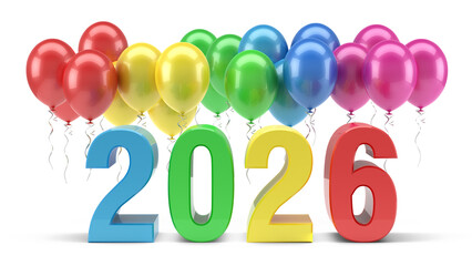 Colorful 2026 numerals with a vibrant array of balloons