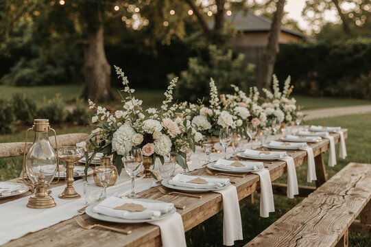 Elegant outdoor wedding table setting with white floral centerpieces and gold accents for romantic garden reception and luxury event planning

